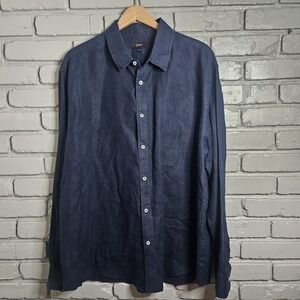 Quince Mens Shirt XXL 2XL European Linen Navy Blue Button Up Long Sleeve Beach